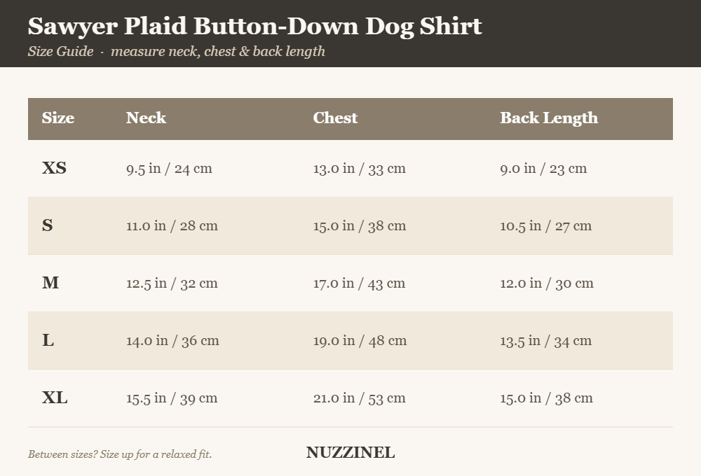 Sawyer Plaid Button-Down Dog Shirt — Size guide