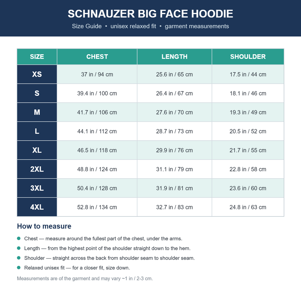 Schnauzer Big Face Hoodie — Size guide