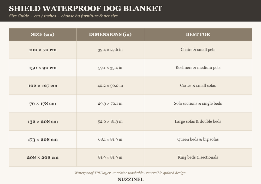Shield Waterproof Dog Blanket — Size guide