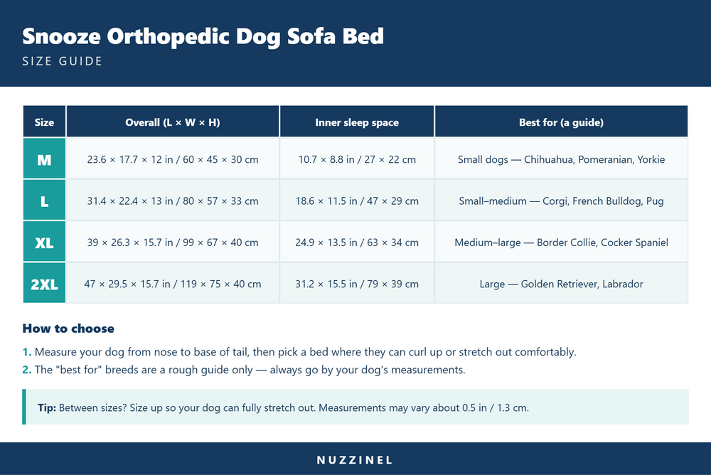 Snooze Orthopedic Dog Sofa Bed — Size guide