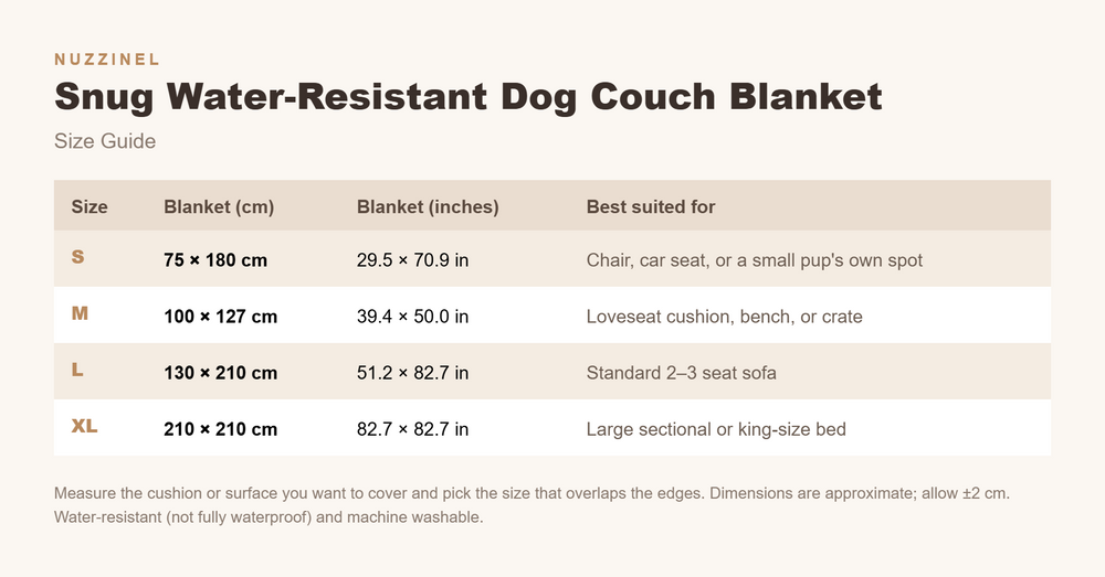 Snug Water-Resistant Dog Couch Blanket — Size guide