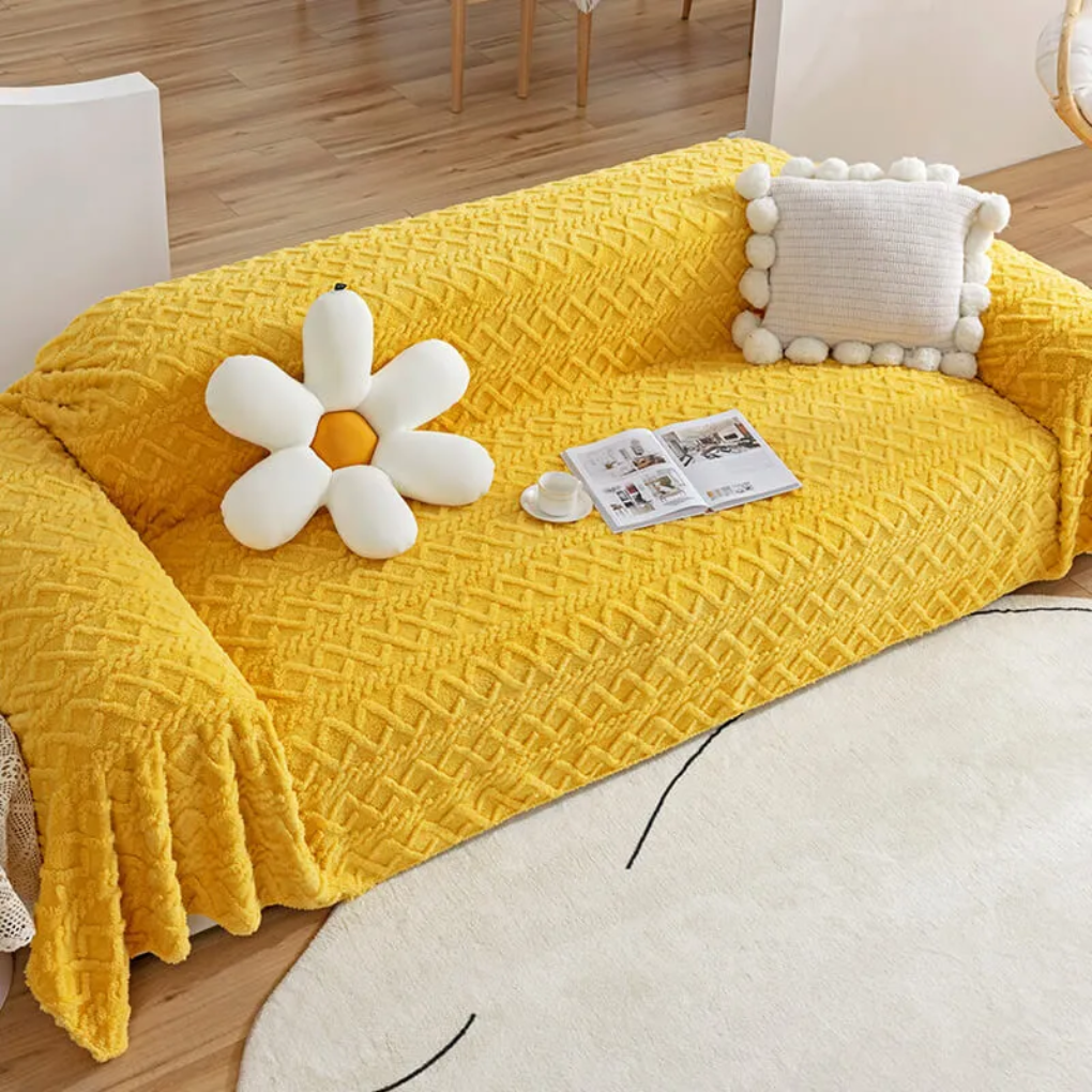 Hearth fleece sofa cover in Yellow on a living-room sofa