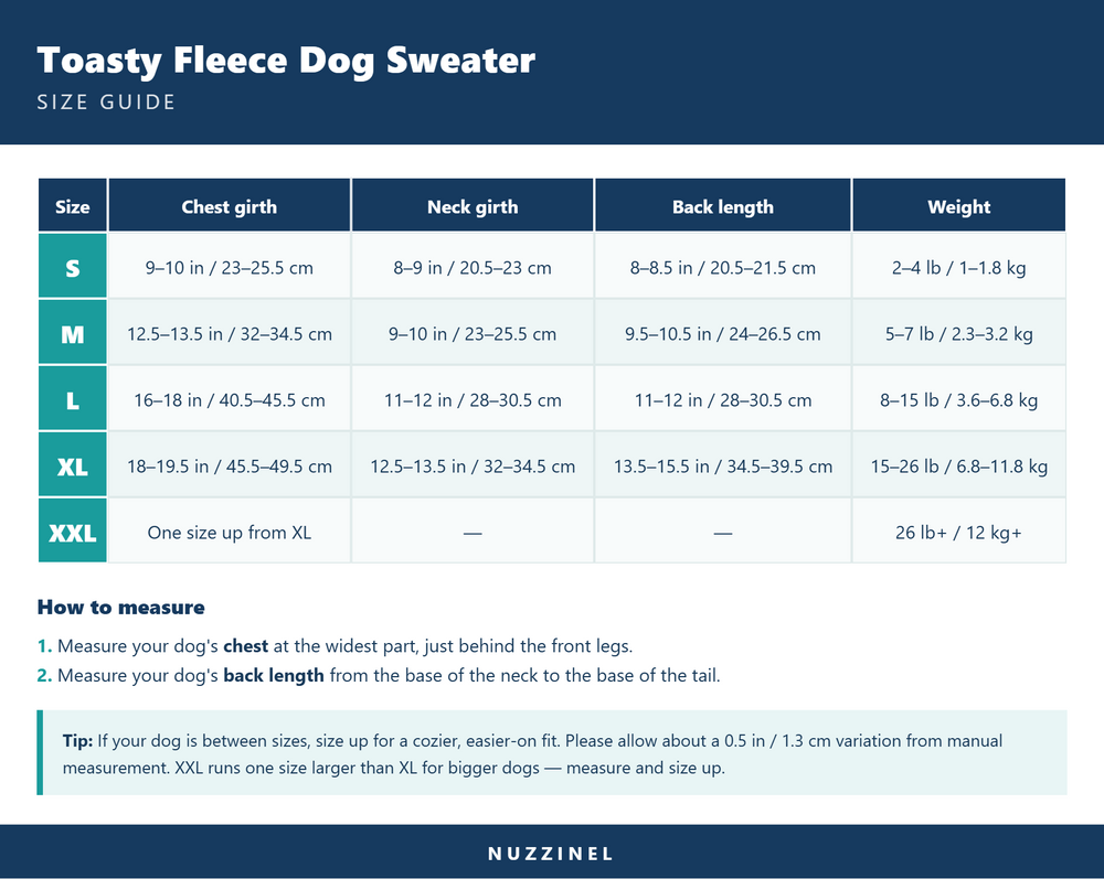 Toasty Fleece Dog Sweater — Size guide