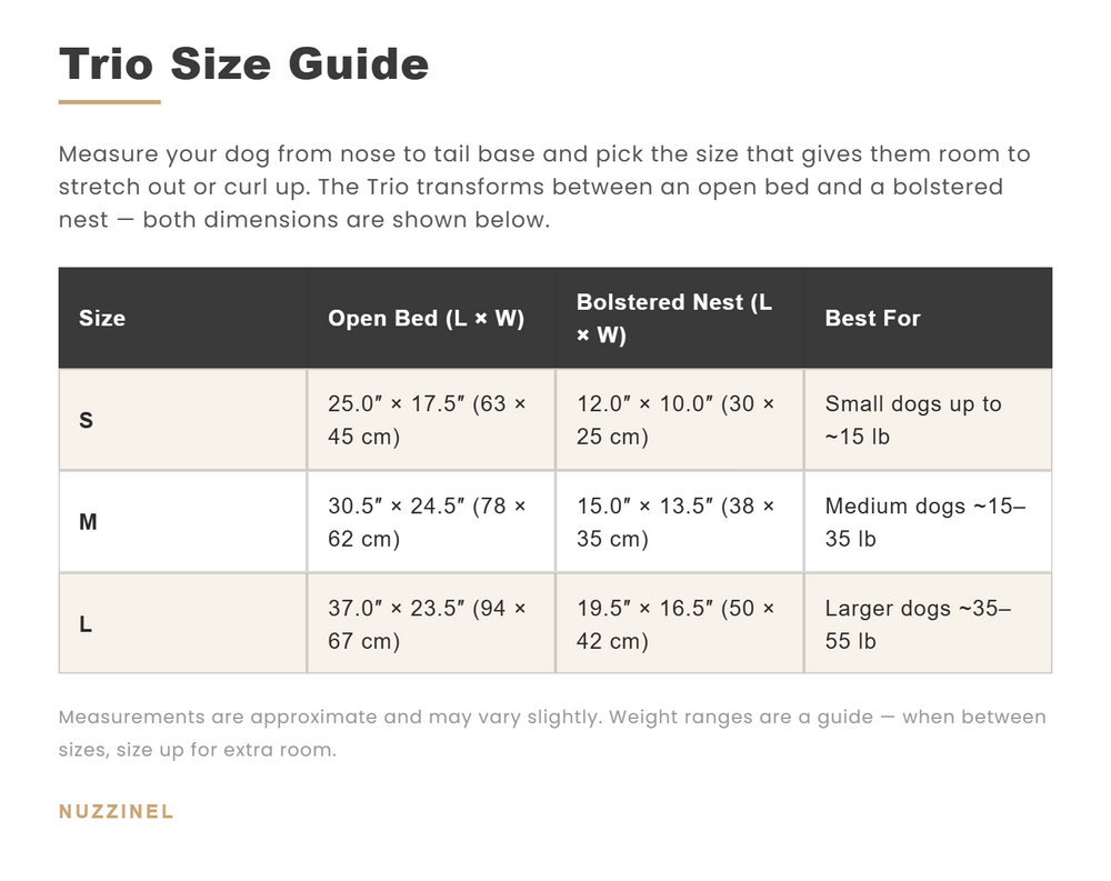 Trio 3-in-1 Transforming Dog Bed — Size guide