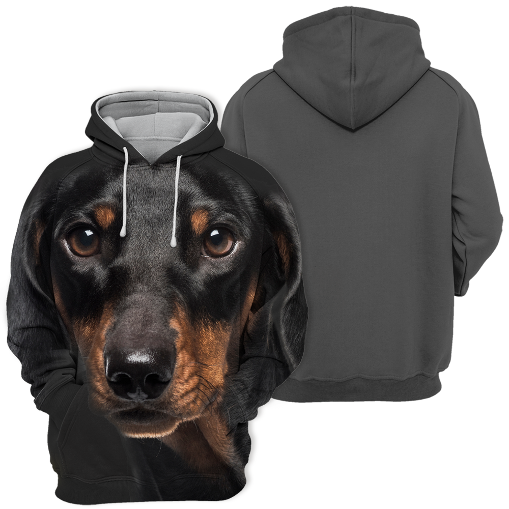 Dachshund hoodie, front print and charcoal back