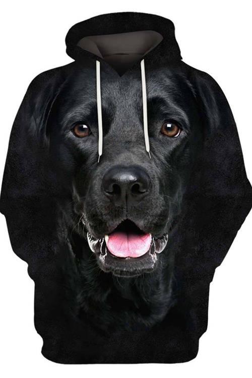 Black Labrador big-face all-over-print hoodie, front