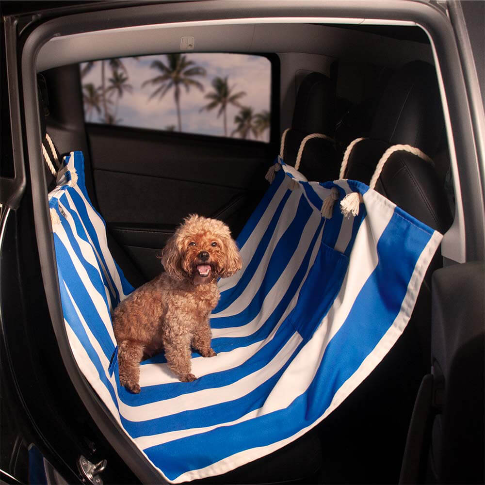 Wander Santorini blue-stripe car seat cover with a dog