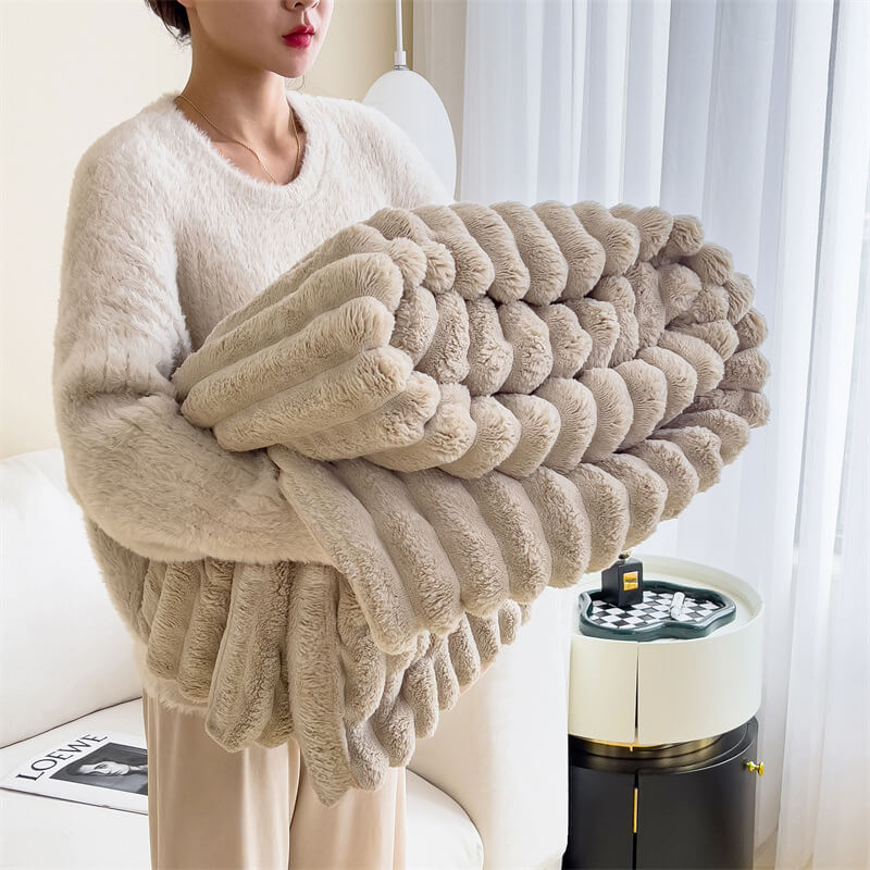 Sable Faux Rabbit Fur Plush Throw — Khaki