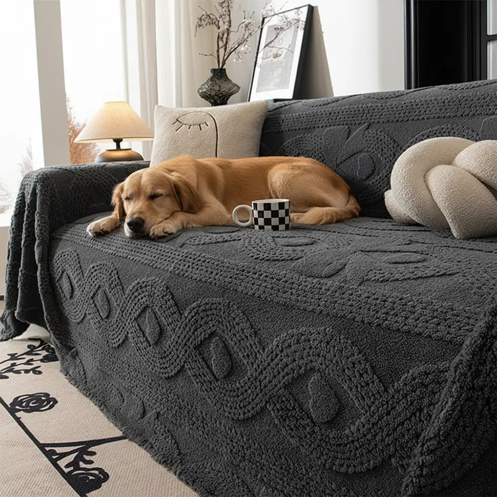 Harper dark-grey jacquard plush sofa cover with a dog
