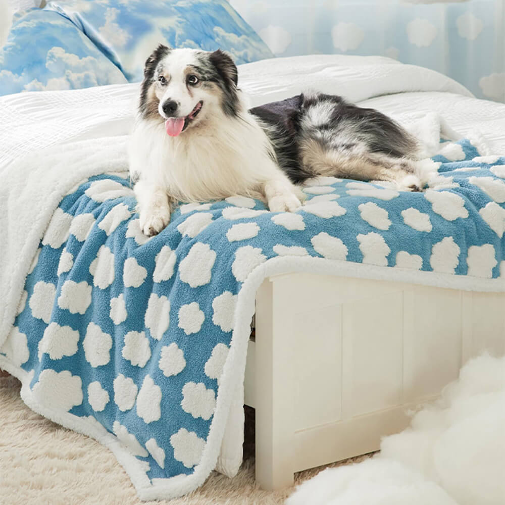 Nimbus Waterproof Sherpa Dog Blanket – Blue & White Clouds print