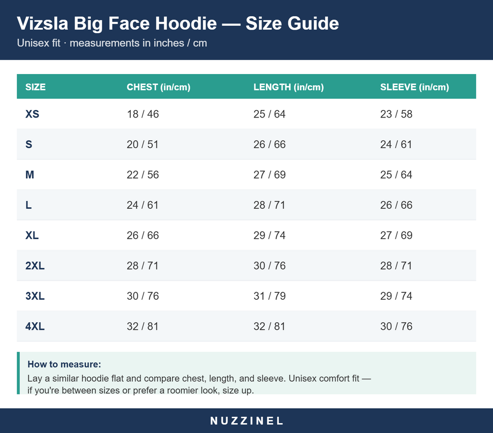 Vizsla Big Face Hoodie — Size guide