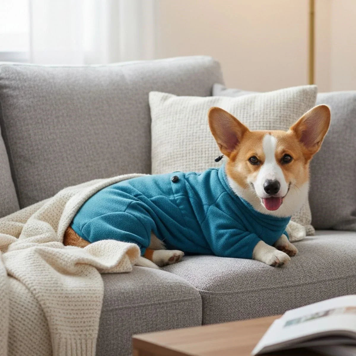 Corgi wearing a turquoise fleece dog jumpsuit on a couch