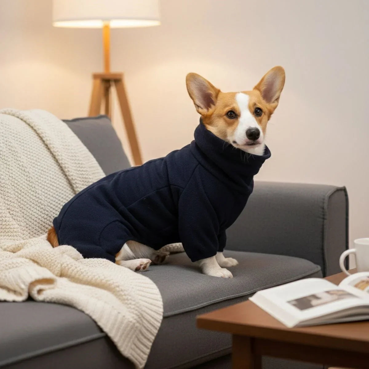 Corgi wearing a navy blue fleece dog jumpsuit indoors