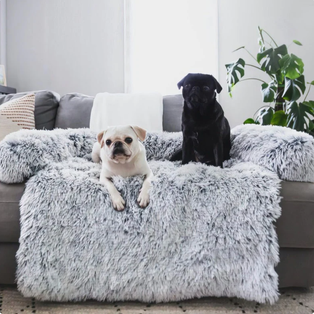 Haven Faux Fur Sofa Protector Bed — two dogs sharing the plush bolster sofa cover